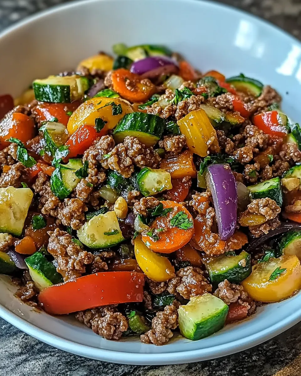Flavorful Mediterranean Ground Beef Stir Fry with colorful bell peppers, onions, and aromatic herbs, served over fluffy rice on a rustic plate.