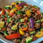 Flavorful Mediterranean Ground Beef Stir Fry with colorful bell peppers, onions, and aromatic herbs, served over fluffy rice on a rustic plate.