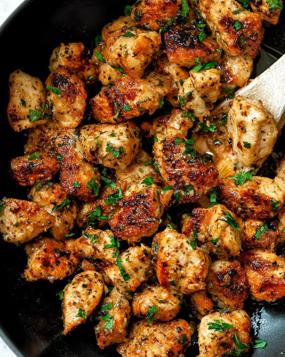 Close-up photo of juicy 15-Minute Garlic Butter Chicken Bites served in a skillet, garnished with fresh parsley and golden seared edges.