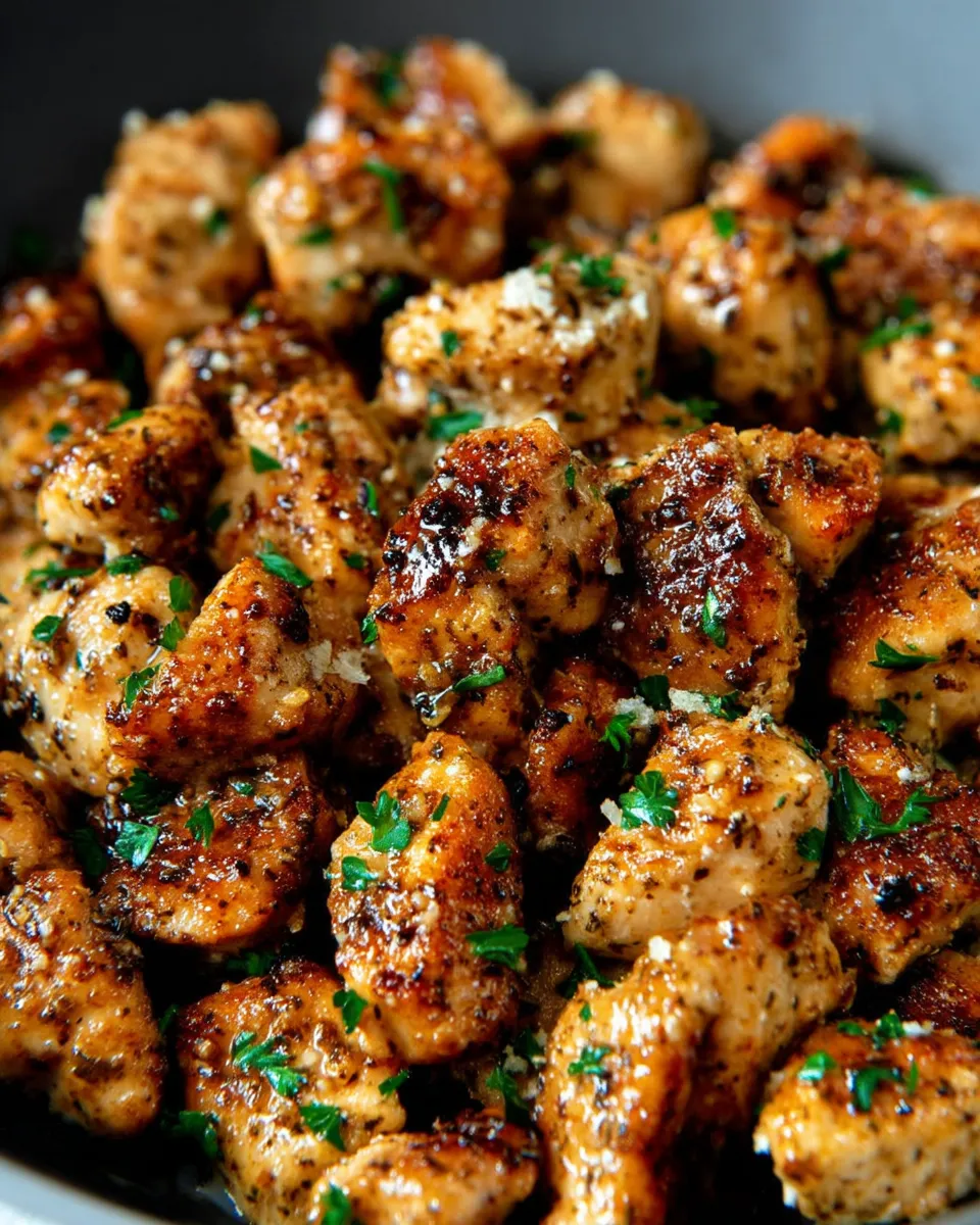 Close-up photo of juicy 15-Minute Garlic Butter Chicken Bites served in a skillet, garnished with fresh parsley and golden seared edges.