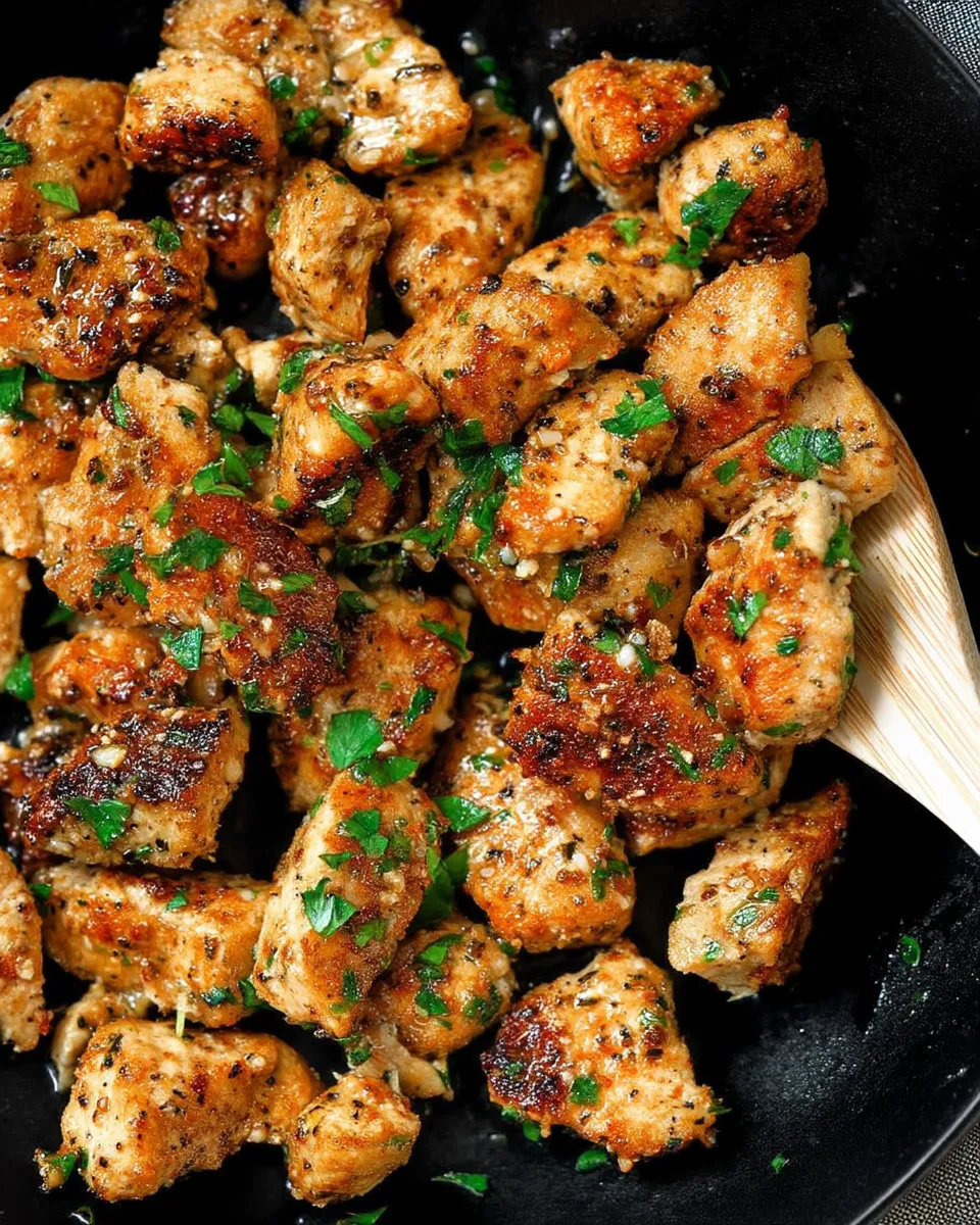 Close-up photo of juicy 15-Minute Garlic Butter Chicken Bites served in a skillet, garnished with fresh parsley and golden seared edges.