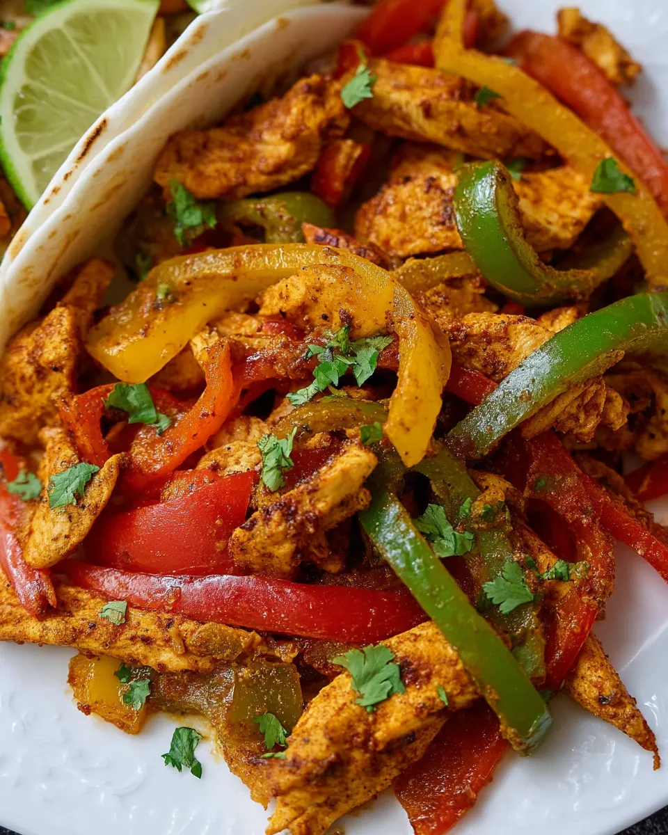 Colorful and juicy chicken fajitas with bell peppers and onions cooked in an air fryer, served on warm tortillas with lime wedges.