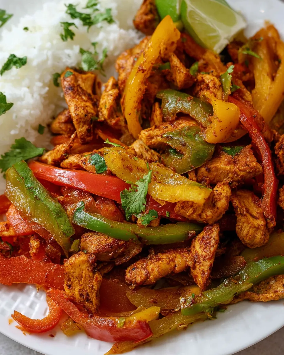 Colorful and juicy chicken fajitas with bell peppers and onions cooked in an air fryer, served on warm tortillas with lime wedges.