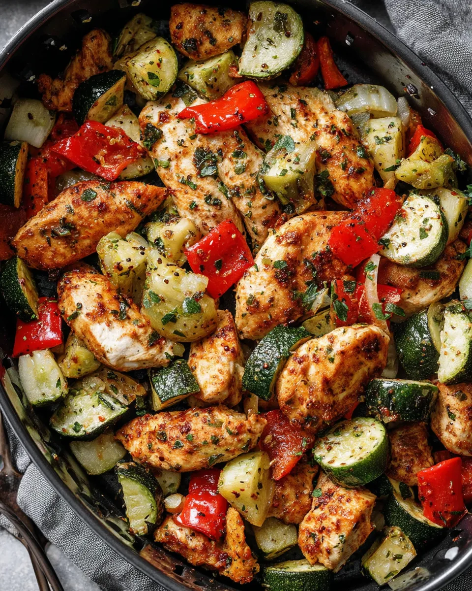 Air Fryer Chicken and Vegetables served on a white plate – colorful mix of tender chicken pieces, broccoli, and bell peppers, perfectly crisped.