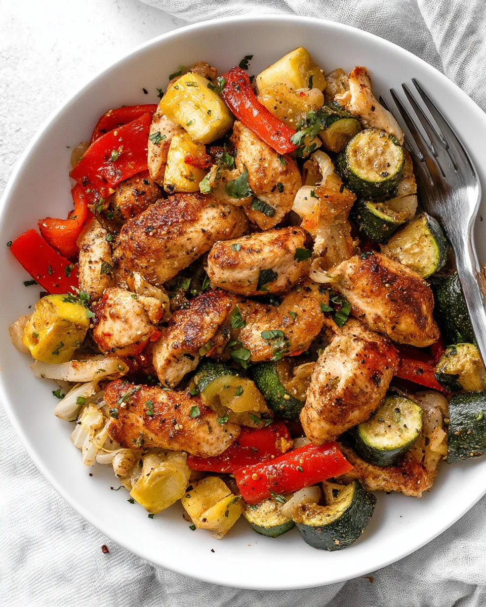 Air Fryer Chicken and Vegetables served on a white plate – colorful mix of tender chicken pieces, broccoli, and bell peppers, perfectly crisped.
