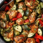 Air Fryer Chicken and Vegetables served on a white plate – colorful mix of tender chicken pieces, broccoli, and bell peppers, perfectly crisped.