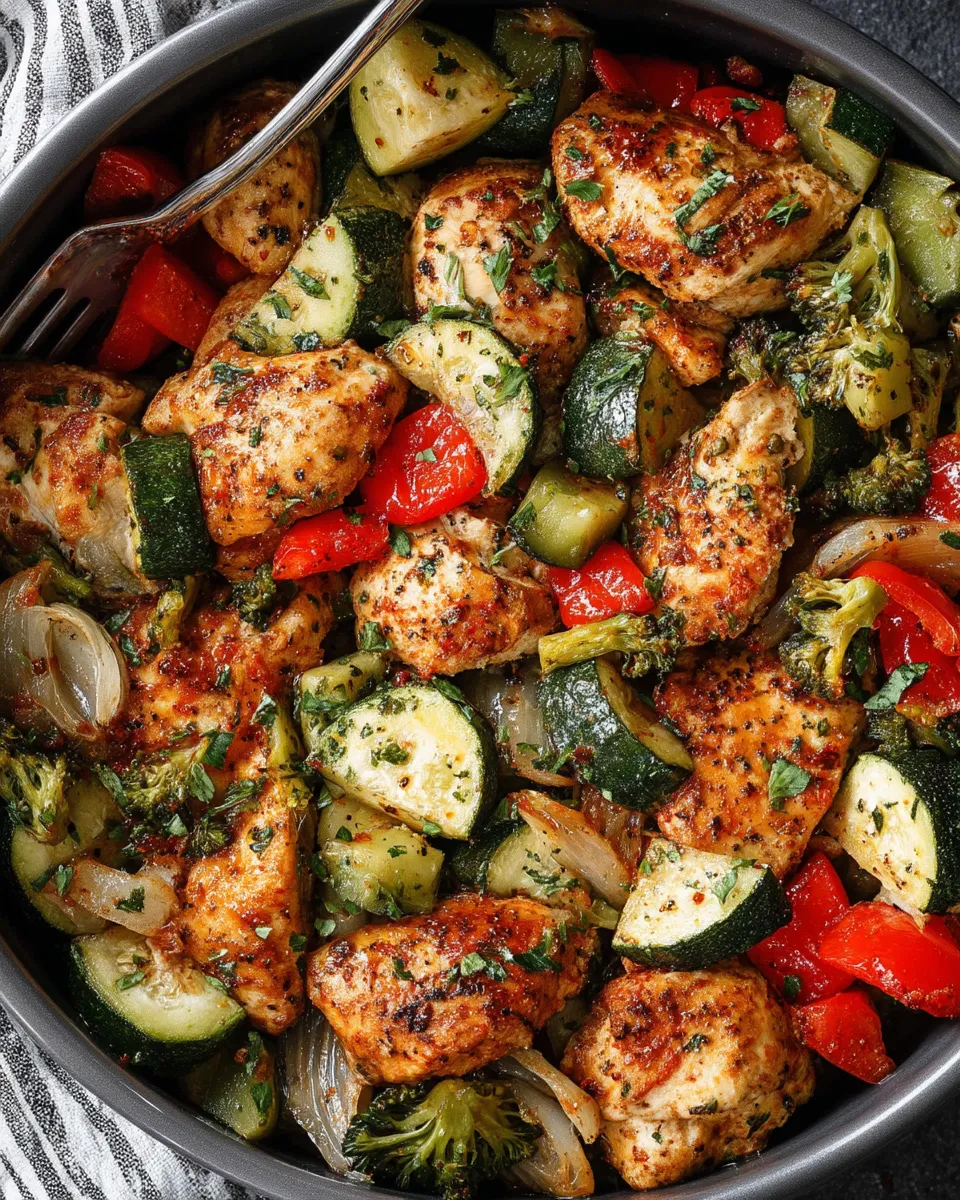 Air Fryer Chicken and Vegetables served on a white plate – colorful mix of tender chicken pieces, broccoli, and bell peppers, perfectly crisped.