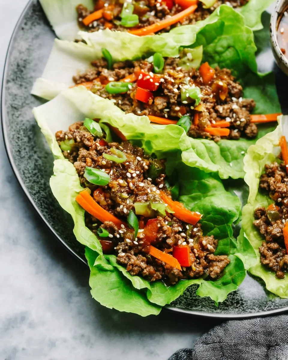 Asian Ground Beef Lettuce Wraps served on crisp romaine leaves with shredded carrots, green onions, and a drizzle of soy-ginger sauce.