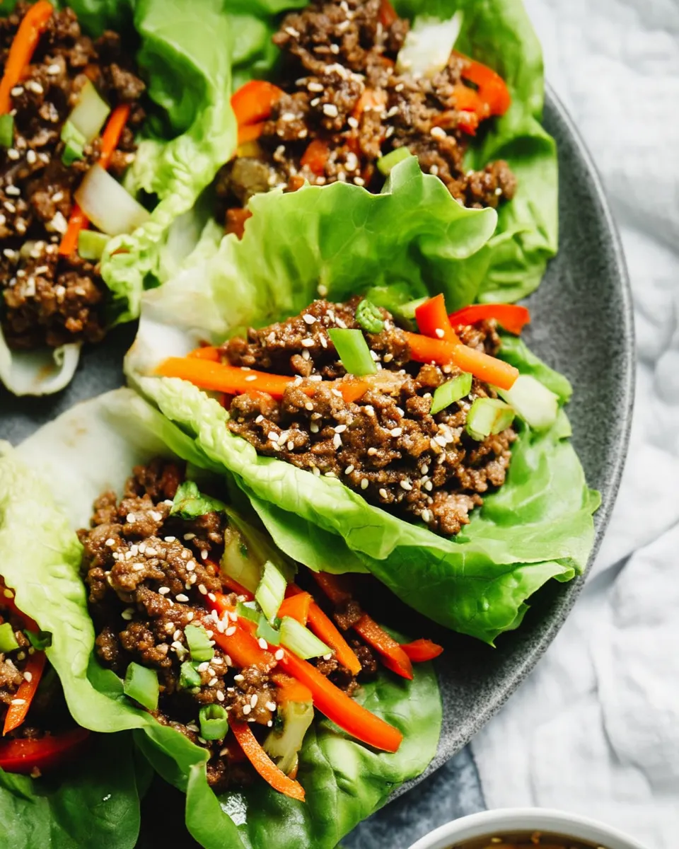 Asian Ground Beef Lettuce Wraps served on crisp romaine leaves with shredded carrots, green onions, and a drizzle of soy-ginger sauce.