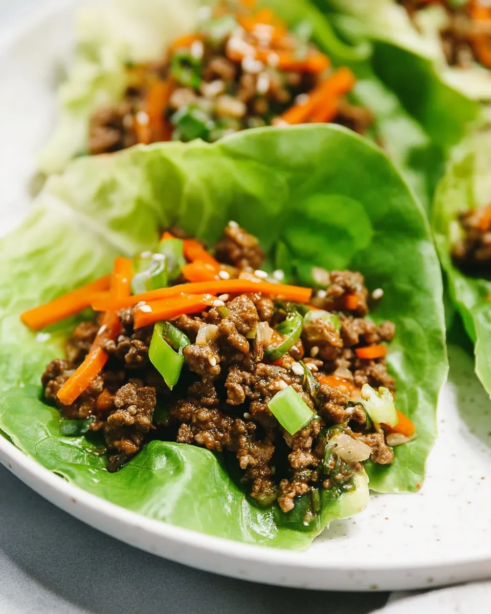 Asian Ground Beef Lettuce Wraps served on crisp romaine leaves with shredded carrots, green onions, and a drizzle of soy-ginger sauce.