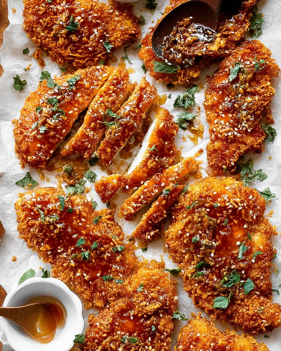 Close-up of Baked Crunchy Hot Honey Chicken, golden and crispy with a spicy honey glaze, served on a white plate with fresh herbs.