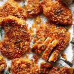 Crispy baked hot honey chicken thighs drizzled with sticky sweet and spicy glaze, served on a parchment-lined tray.