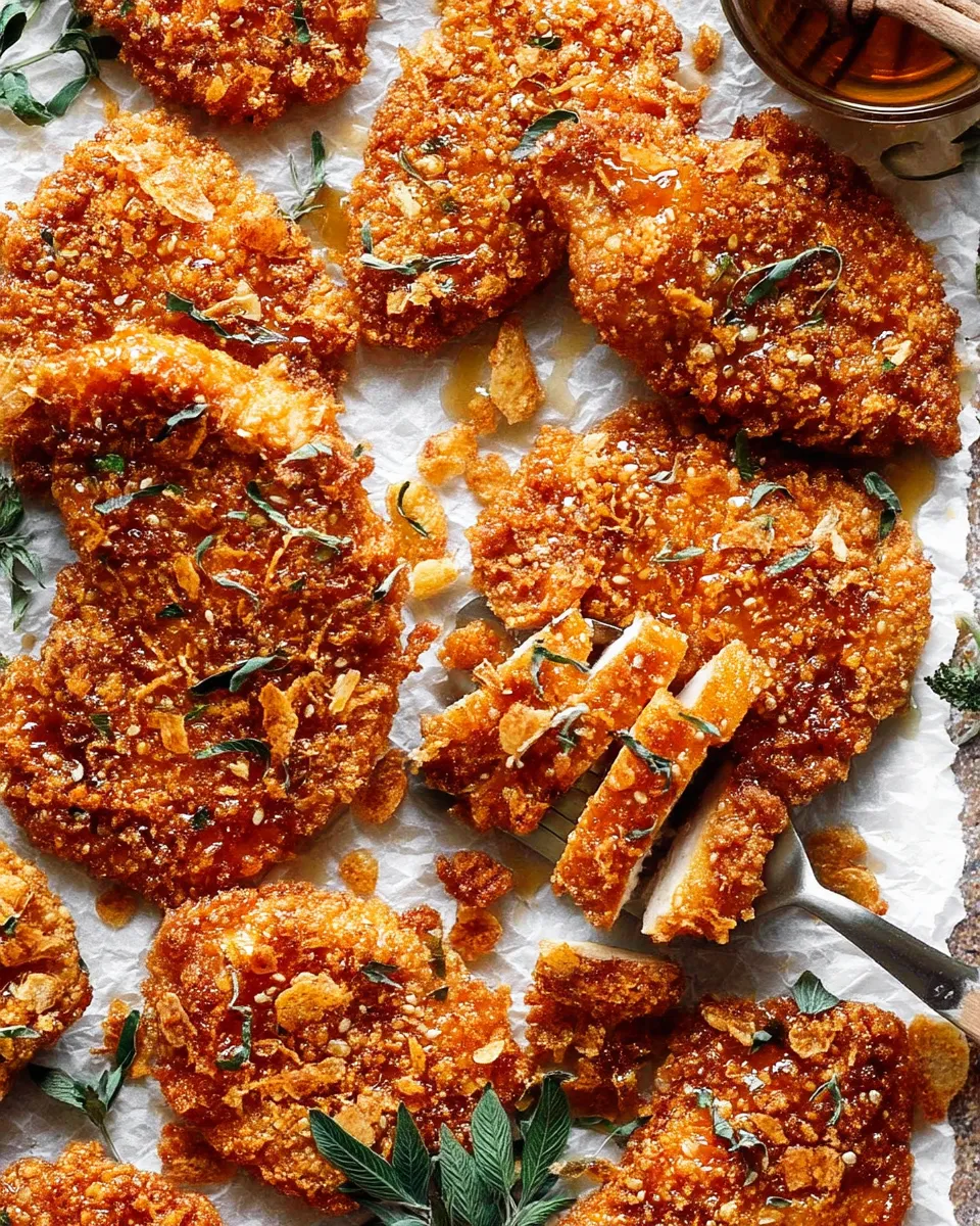 Crispy baked hot honey chicken thighs drizzled with sticky sweet and spicy glaze, served on a parchment-lined tray.