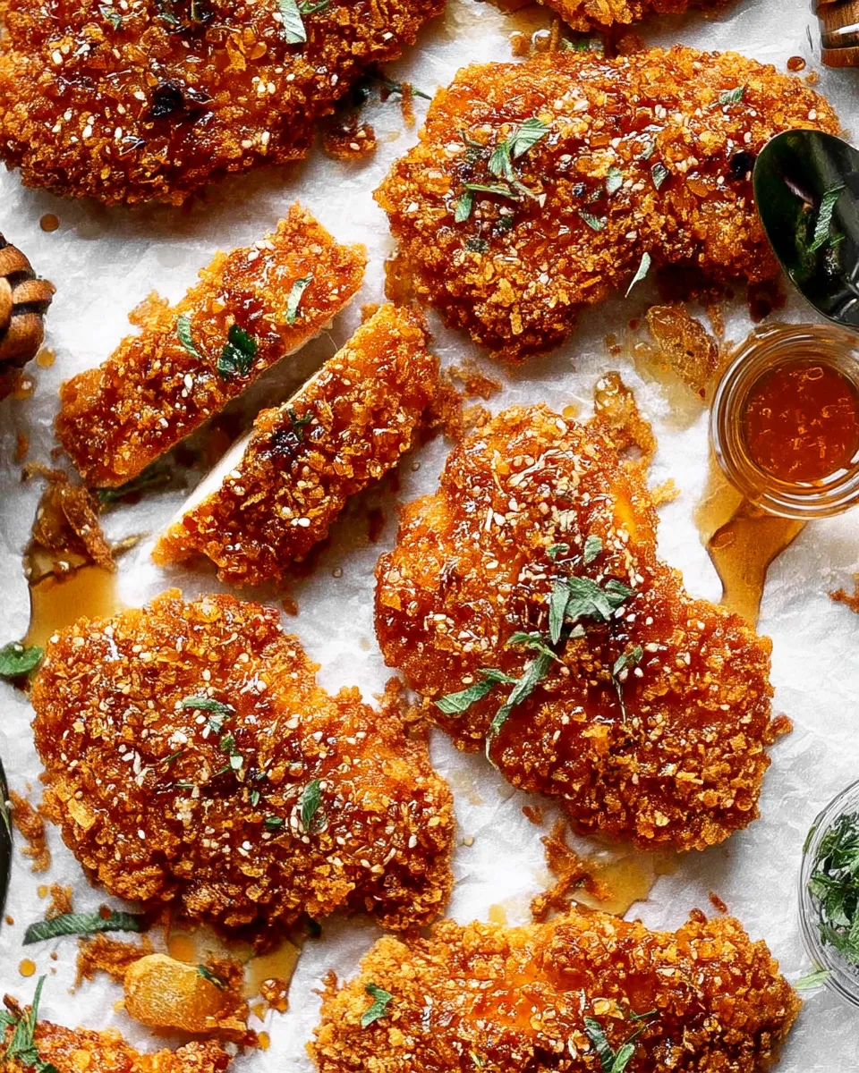 Close-up of Baked Crunchy Hot Honey Chicken, golden and crispy with a spicy honey glaze, served on a white plate with fresh herbs.