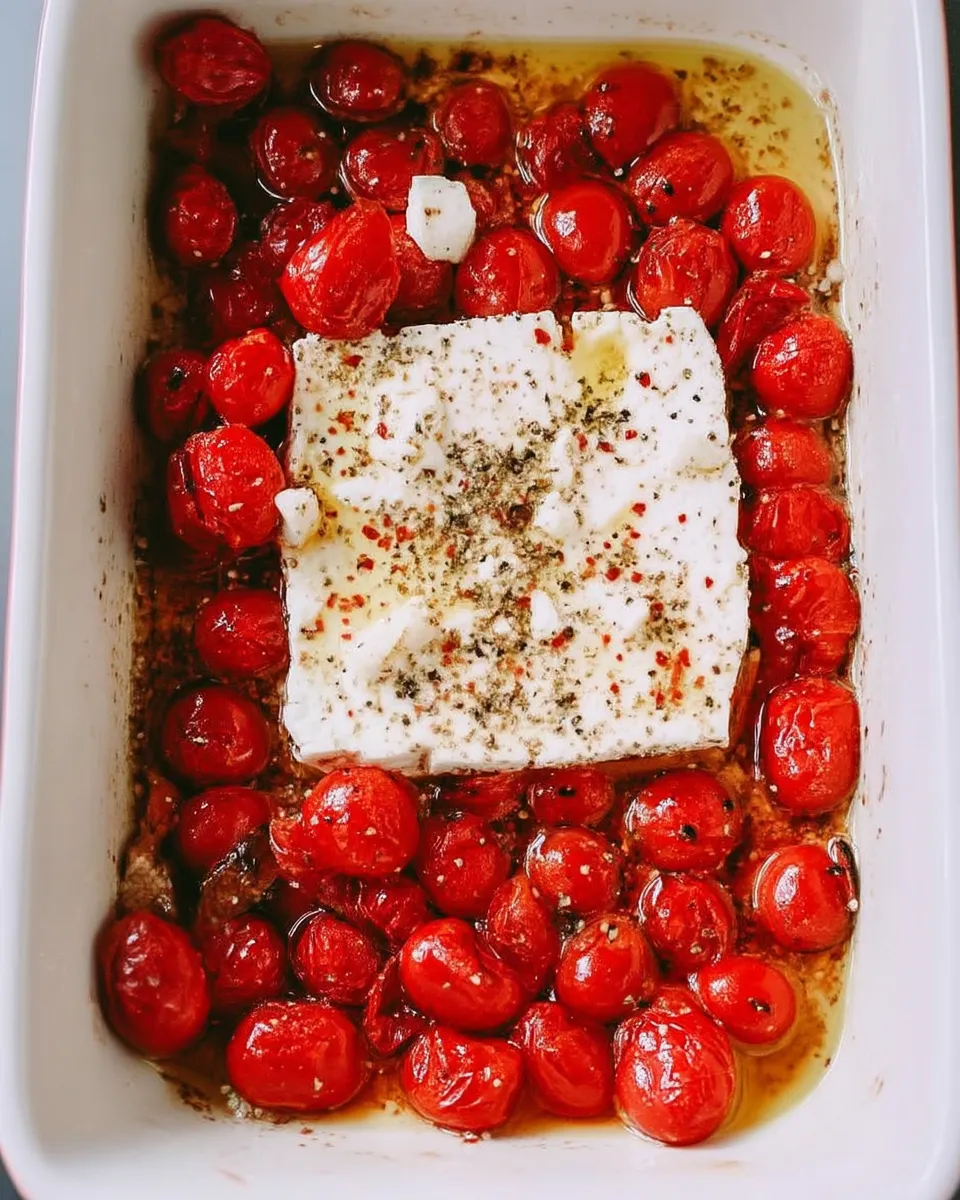 Baked feta pasta with roasted cherry tomatoes, creamy sauce, and fresh basil in a white serving dish.