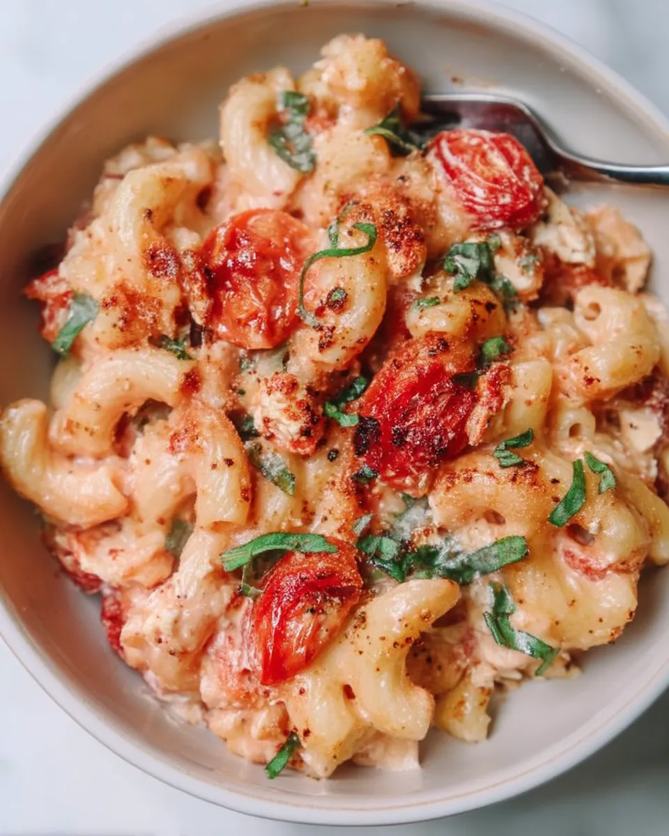 Baked feta pasta with roasted cherry tomatoes, creamy sauce, and fresh basil in a white serving dish.