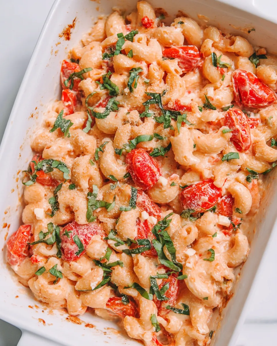 Baked feta pasta with roasted cherry tomatoes, creamy sauce, and fresh basil in a white serving dish.