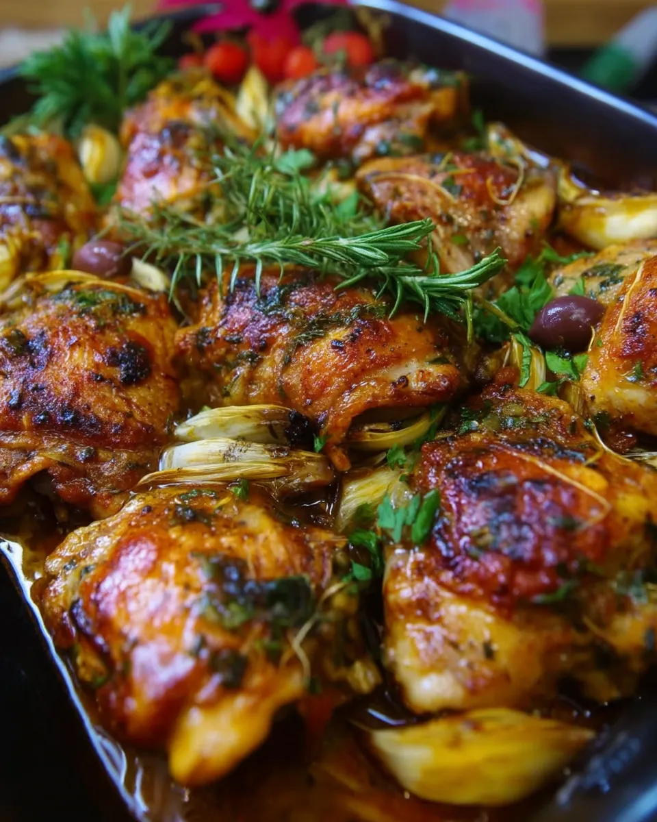 Golden-baked Mediterranean chicken thighs garnished with fresh herbs and served with roasted vegetables on a white plate.