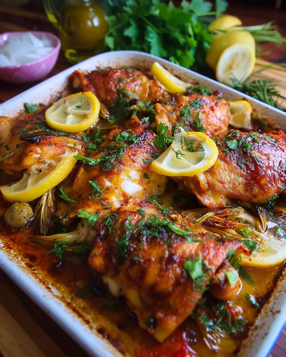 Golden-baked Mediterranean chicken thighs garnished with fresh herbs and served with roasted vegetables on a white plate.