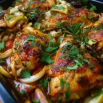 Golden-baked Mediterranean chicken thighs garnished with fresh herbs and served with roasted vegetables on a white plate.