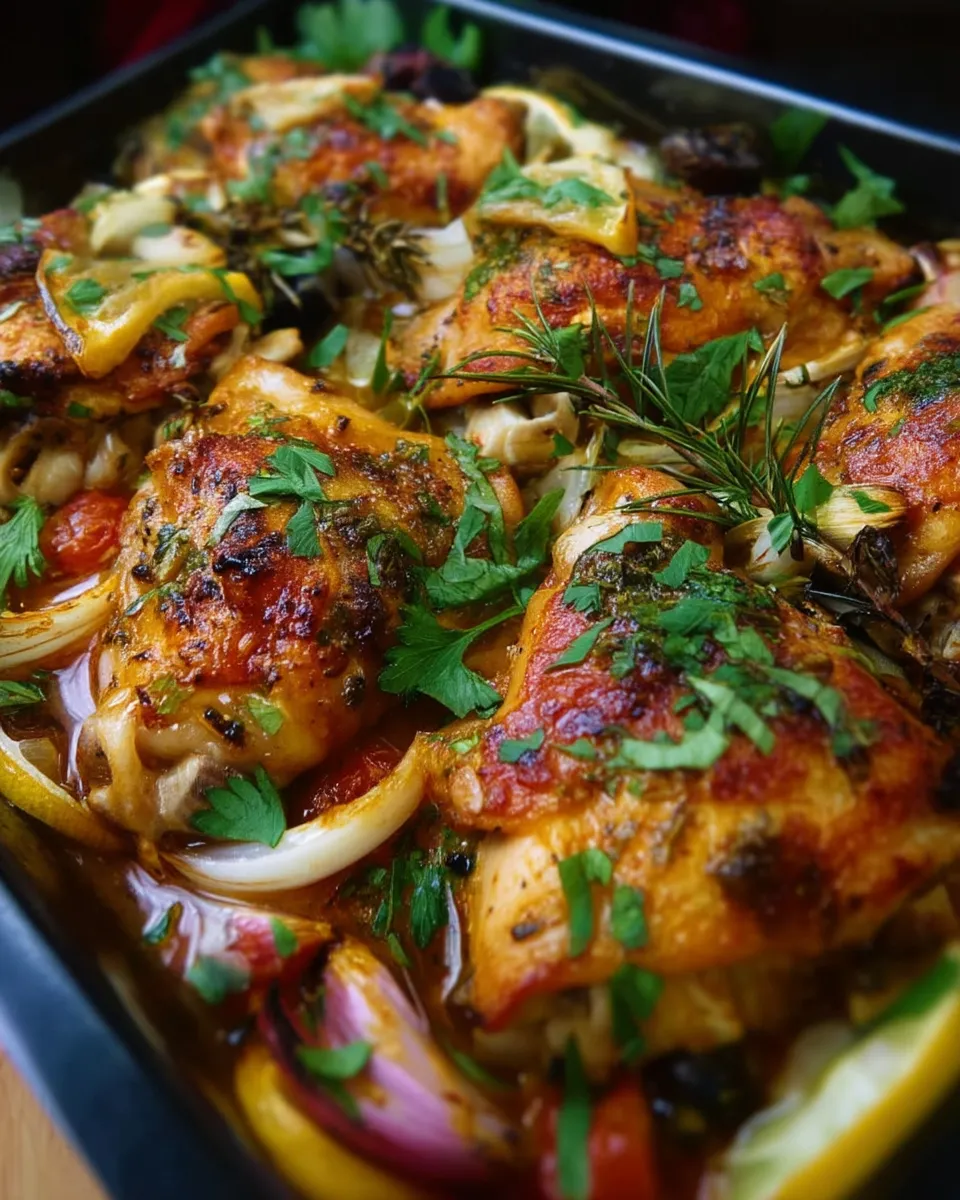 Golden-baked Mediterranean chicken thighs garnished with fresh herbs and served with roasted vegetables on a white plate.