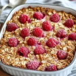 Overnight raspberry baked oatmeal in a white ceramic dish, topped with fresh raspberries and golden oats.