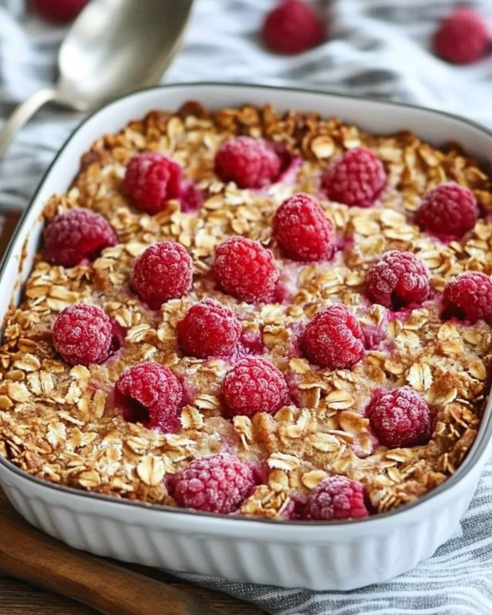 Overnight raspberry baked oatmeal in a white ceramic dish, topped with fresh raspberries and golden oats.