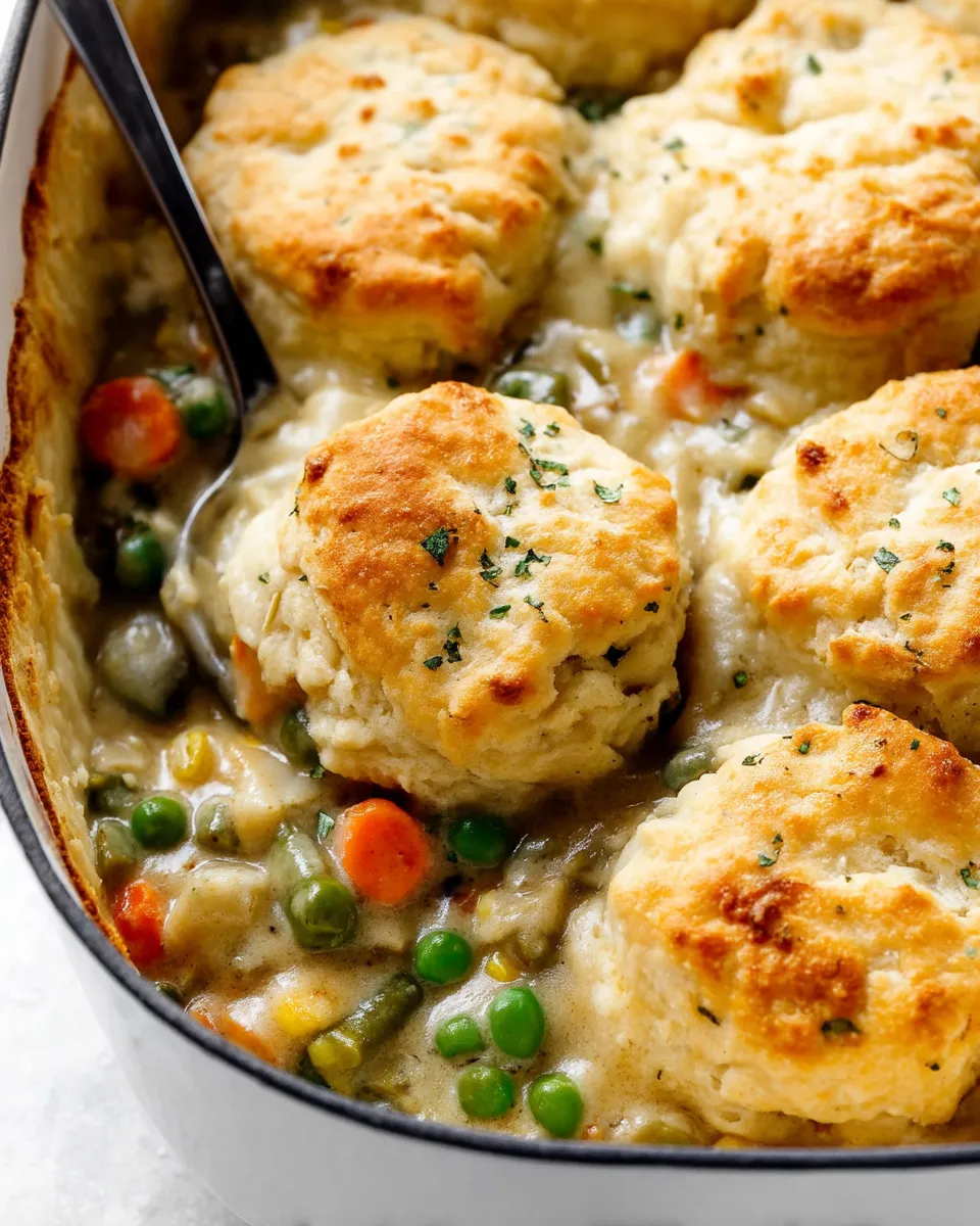 Alt Text: Golden-brown biscuit-topped vegetable pot pie casserole in a white baking dish, filled with creamy mixed vegetables and herbs.