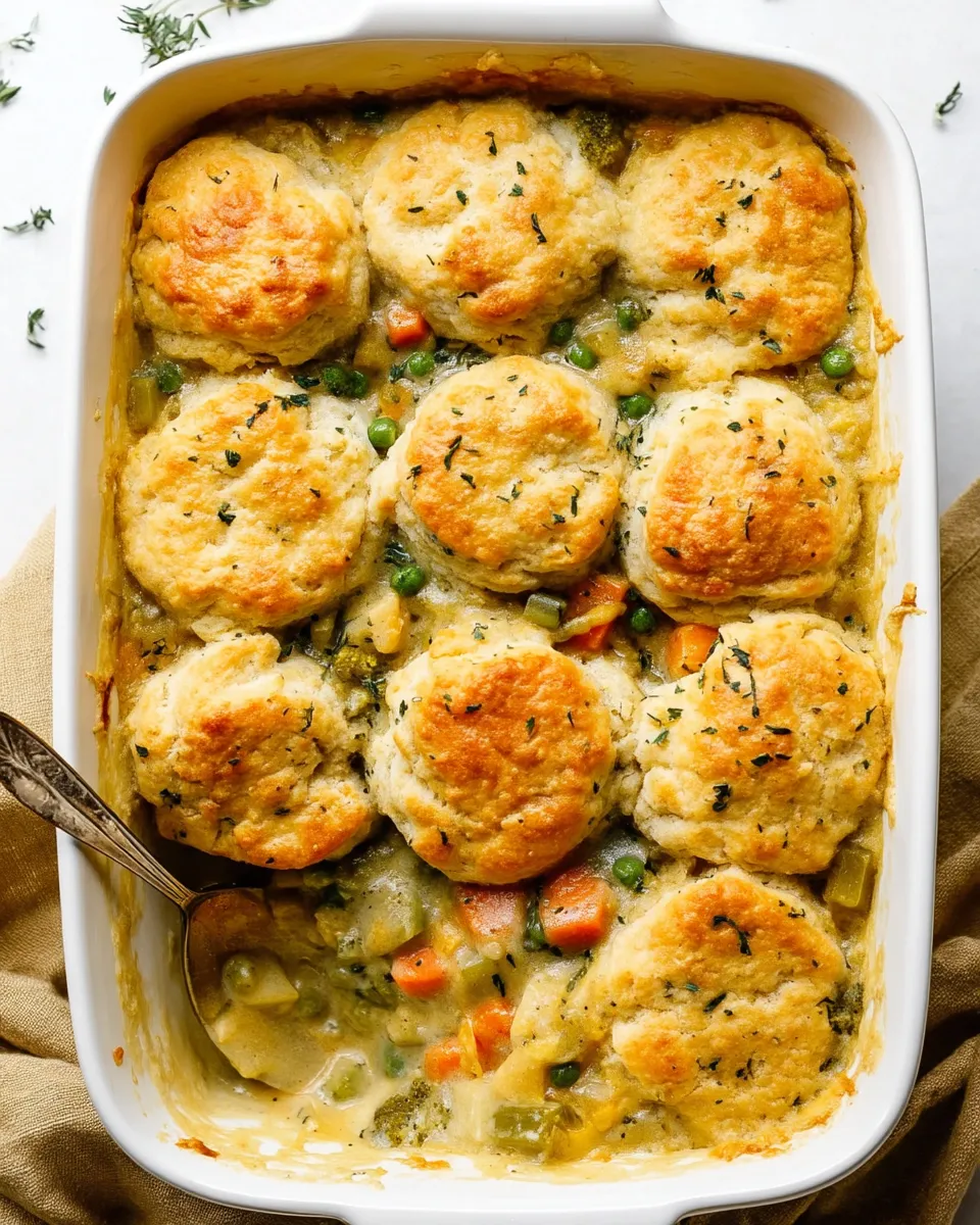 Alt Text: Golden-brown biscuit-topped vegetable pot pie casserole in a white baking dish, filled with creamy mixed vegetables and herbs.