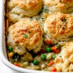 Alt Text: Golden-brown biscuit-topped vegetable pot pie casserole in a white baking dish, filled with creamy mixed vegetables and herbs.