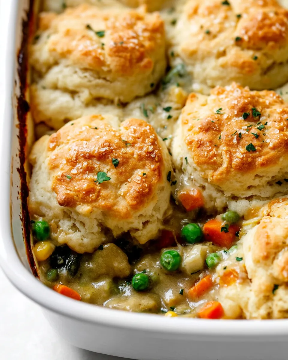 Alt Text: Golden-brown biscuit-topped vegetable pot pie casserole in a white baking dish, filled with creamy mixed vegetables and herbs.