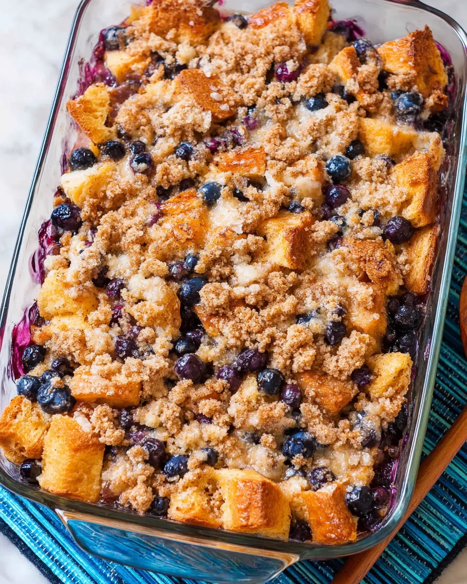 Delicious Blueberry French Toast Casserole with a golden, crispy top and juicy blueberries throughout.
