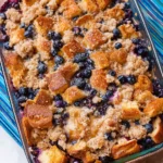 Delicious Blueberry French Toast Casserole with a golden, crispy top and juicy blueberries throughout.
