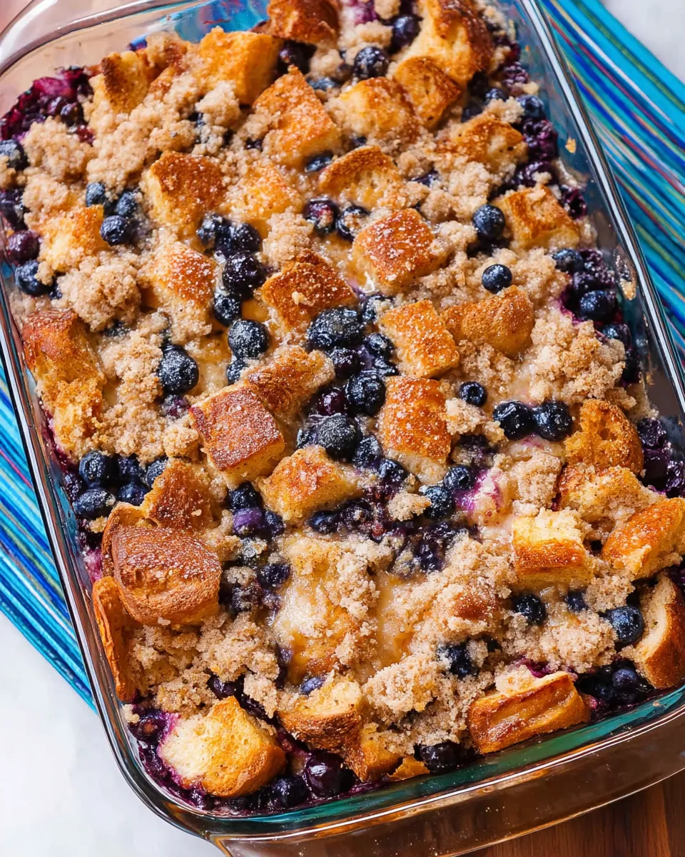 Delicious Blueberry French Toast Casserole with a golden, crispy top and juicy blueberries throughout.