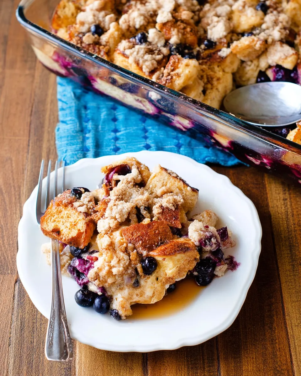 Delicious Blueberry French Toast Casserole with a golden, crispy top and juicy blueberries throughout.