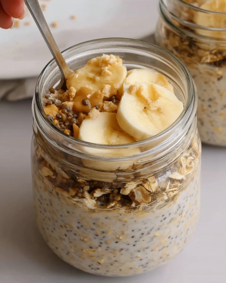 A jar of creamy Brown Sugar Overnight Oats topped with cinnamon and a drizzle of maple syrup.