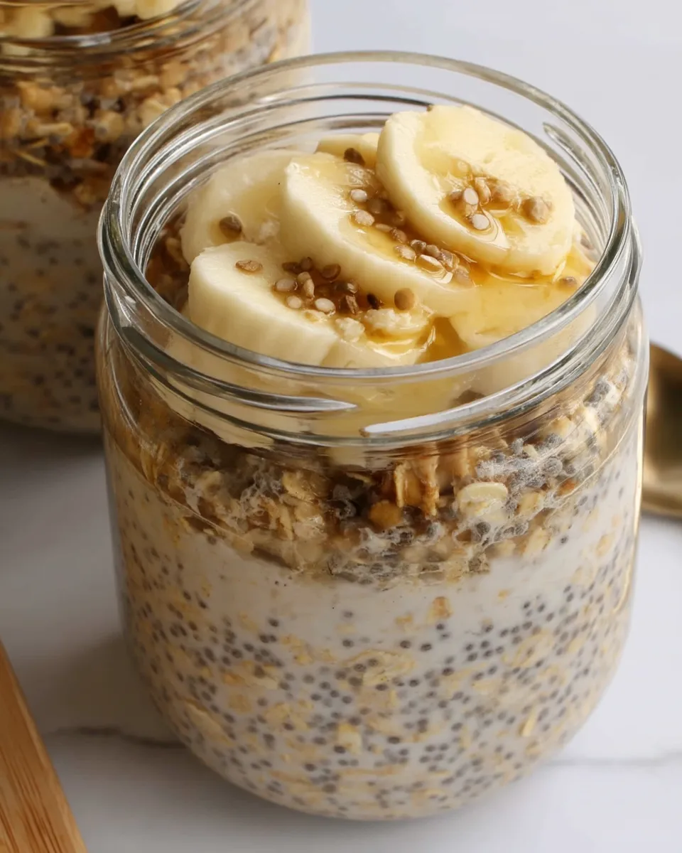 A jar of creamy Brown Sugar Overnight Oats topped with cinnamon and a drizzle of maple syrup.