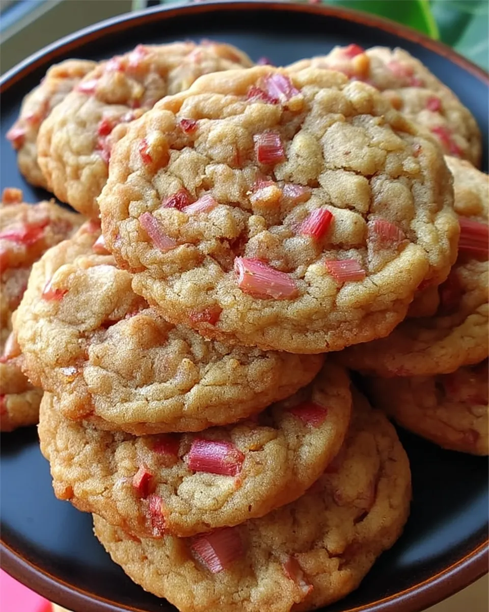 Soft and chewy brown sugar rhubarb cookies stacked on a plate with bits of pink rhubarb peeking through.