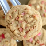 Soft and chewy brown sugar rhubarb cookies stacked on a plate with bits of pink rhubarb peeking through.