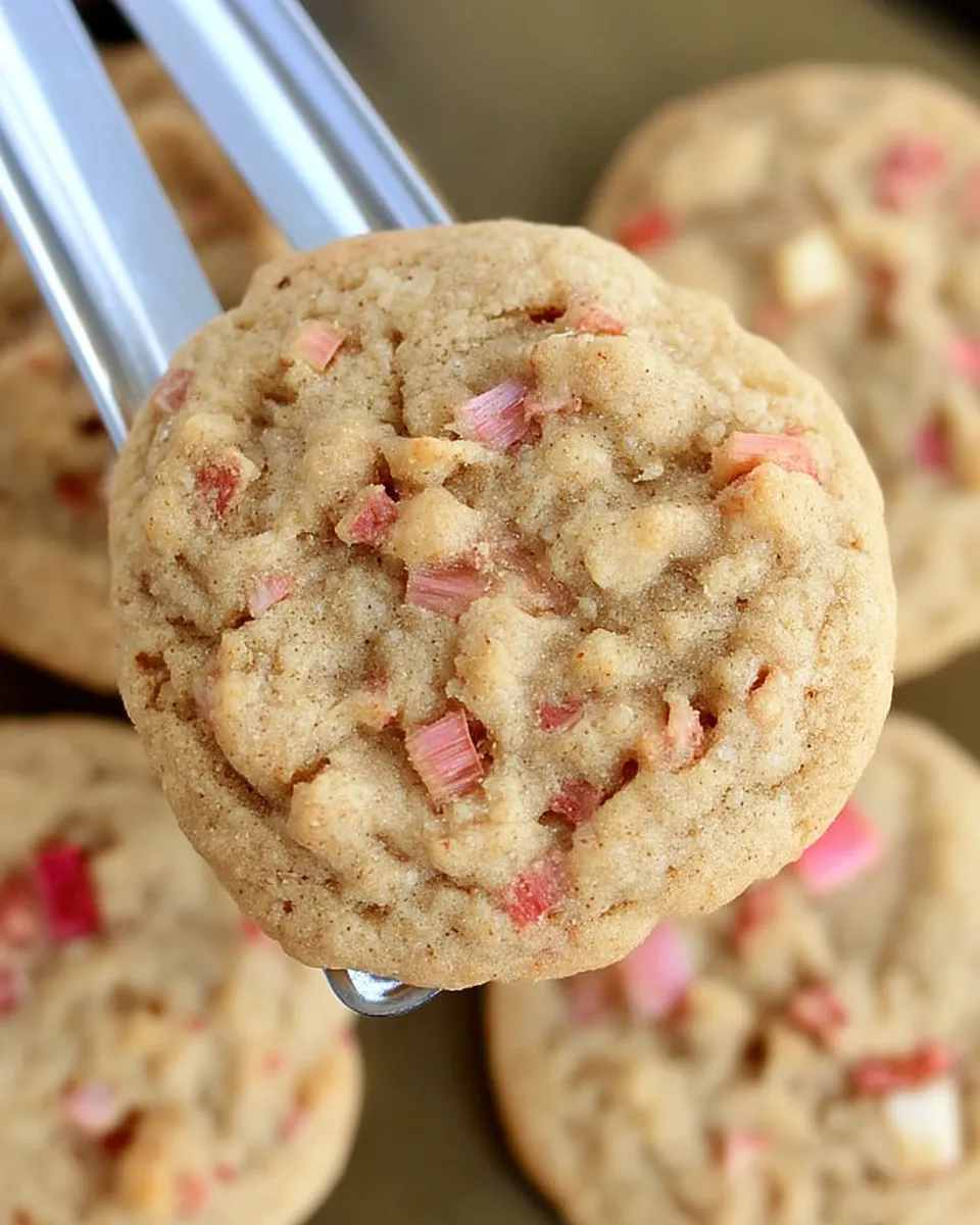 Soft and chewy brown sugar rhubarb cookies stacked on a plate with bits of pink rhubarb peeking through.