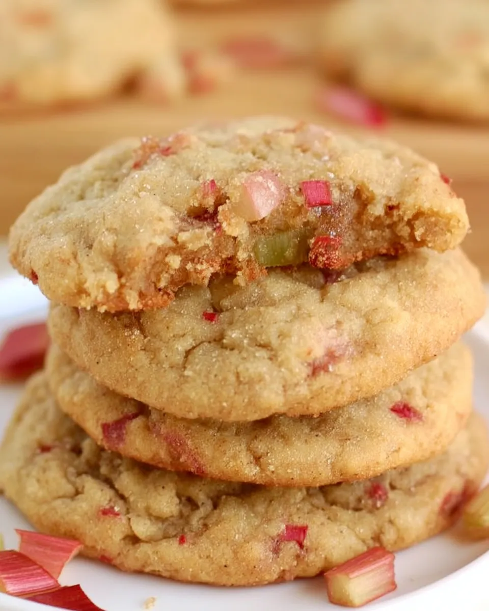 Soft and chewy brown sugar rhubarb cookies stacked on a plate with bits of pink rhubarb peeking through.