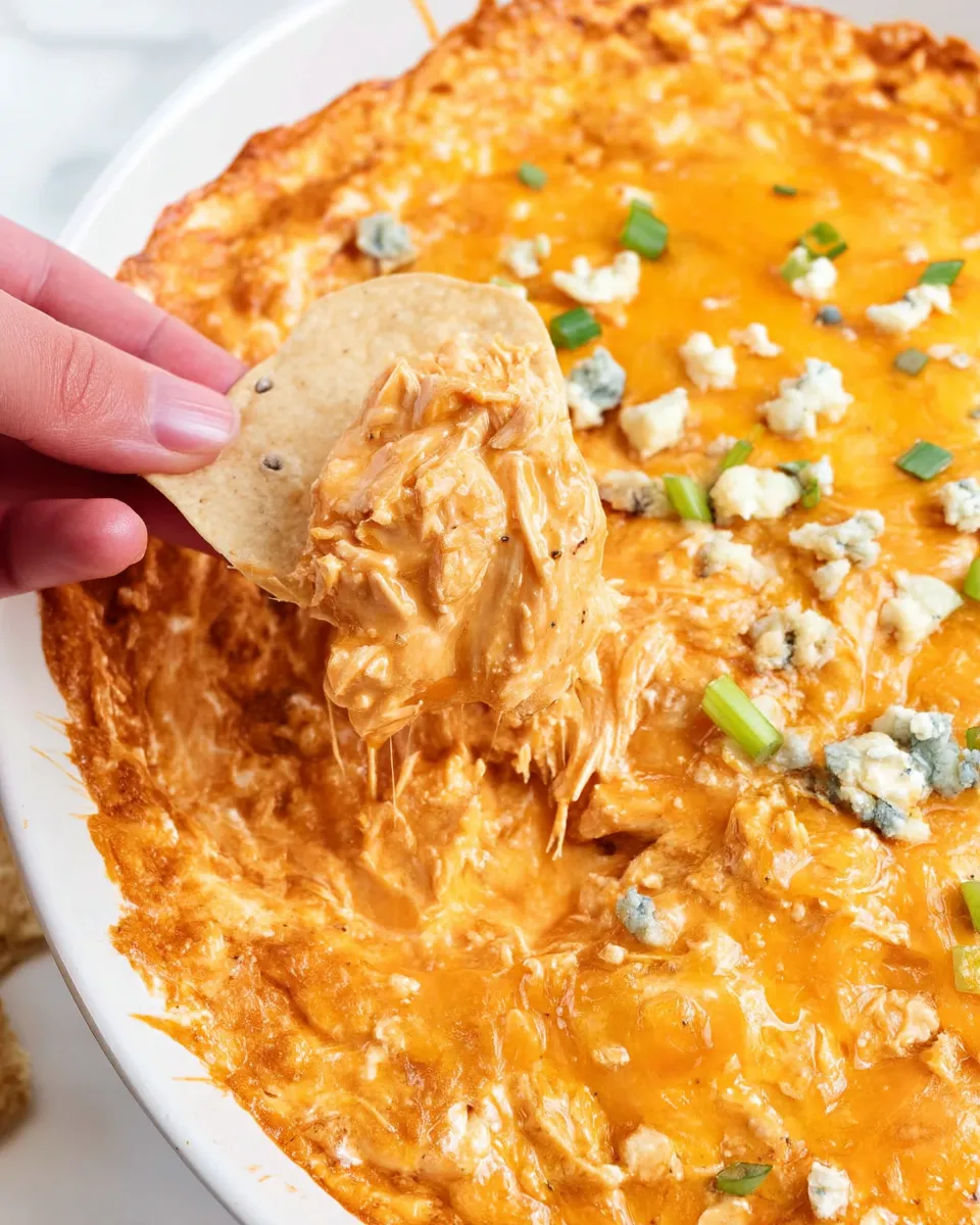 Close-up of creamy Buffalo Chicken Dip topped with melted cheese, served hot with tortilla chips on the side.