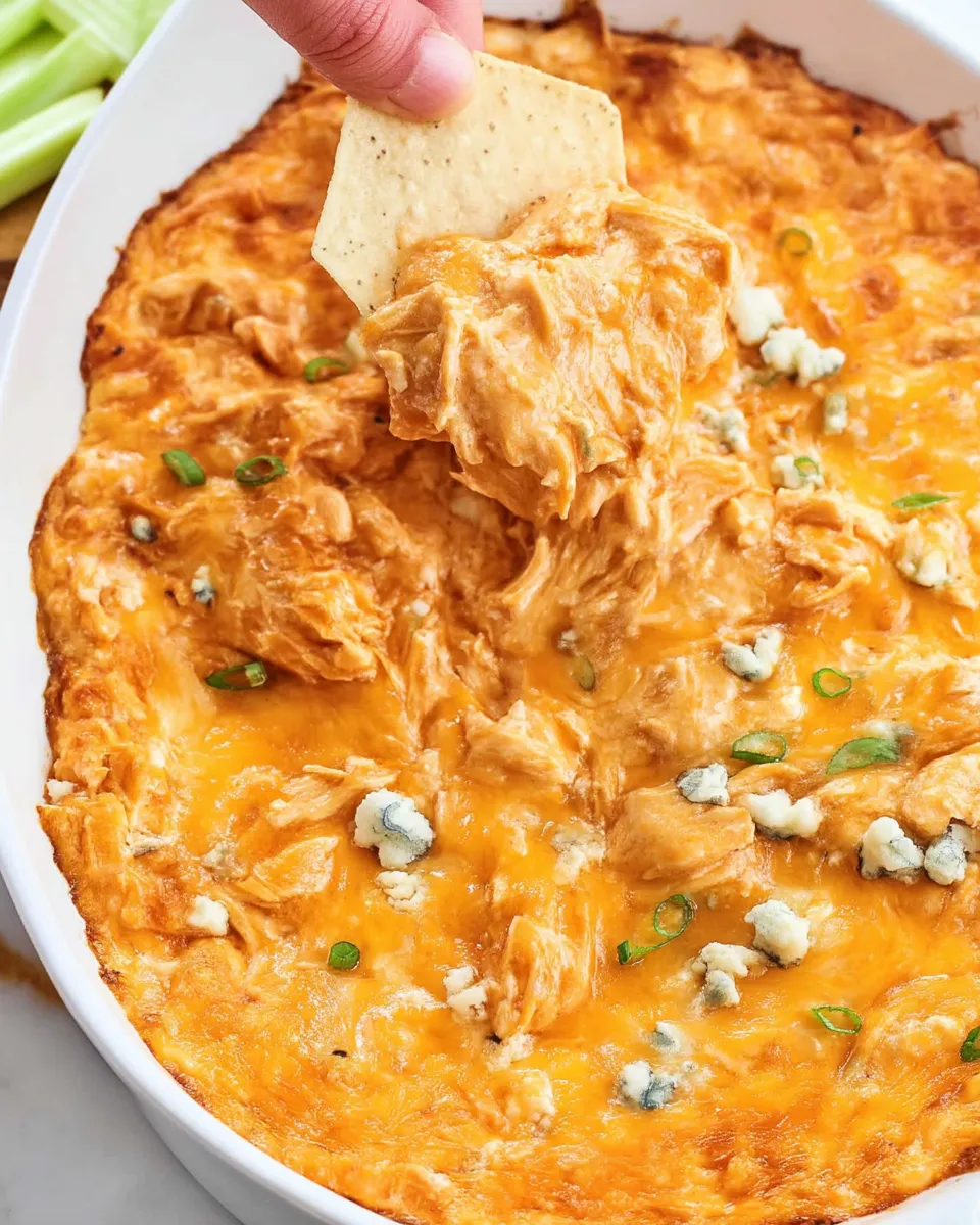 Close-up of creamy Buffalo Chicken Dip topped with melted cheese, served hot with tortilla chips on the side.