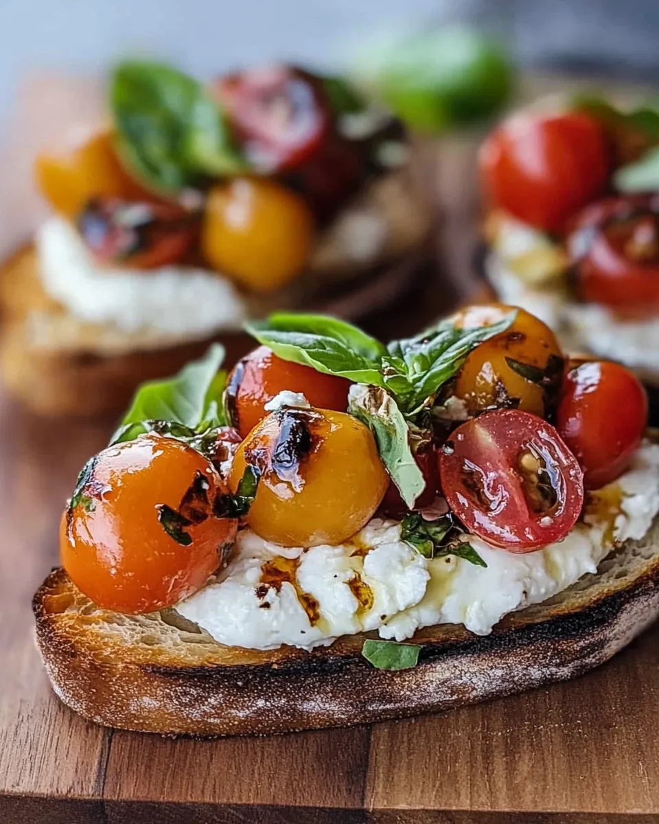 Fresh Burrata Bruschetta topped with cherry tomatoes, basil, and balsamic glaze on toasted bread