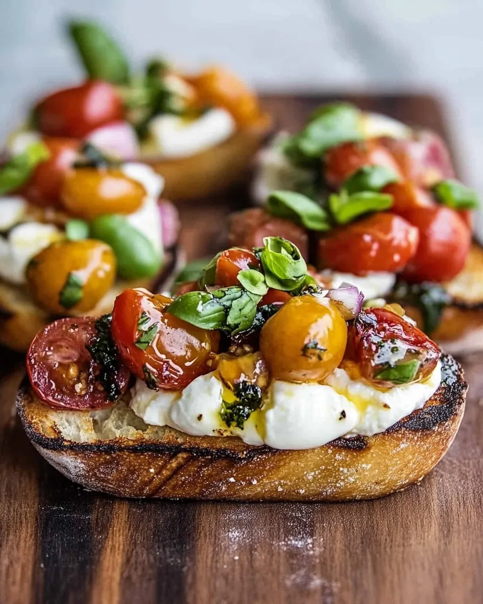 Fresh Burrata Bruschetta topped with cherry tomatoes, basil, and balsamic glaze on toasted bread