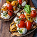 Fresh Burrata Bruschetta topped with cherry tomatoes, basil, and balsamic glaze on toasted bread