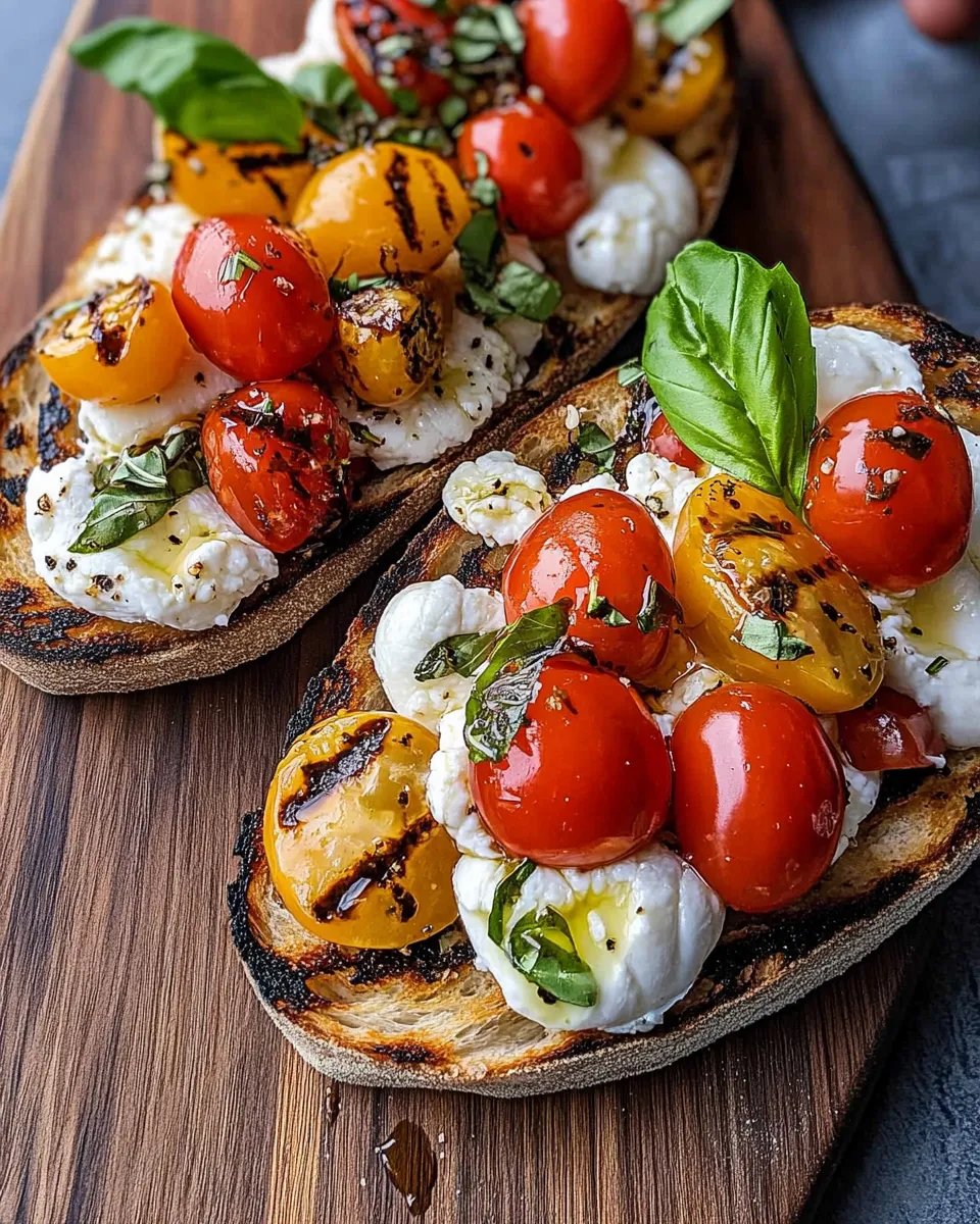 Fresh Burrata Bruschetta topped with cherry tomatoes, basil, and balsamic glaze on toasted bread