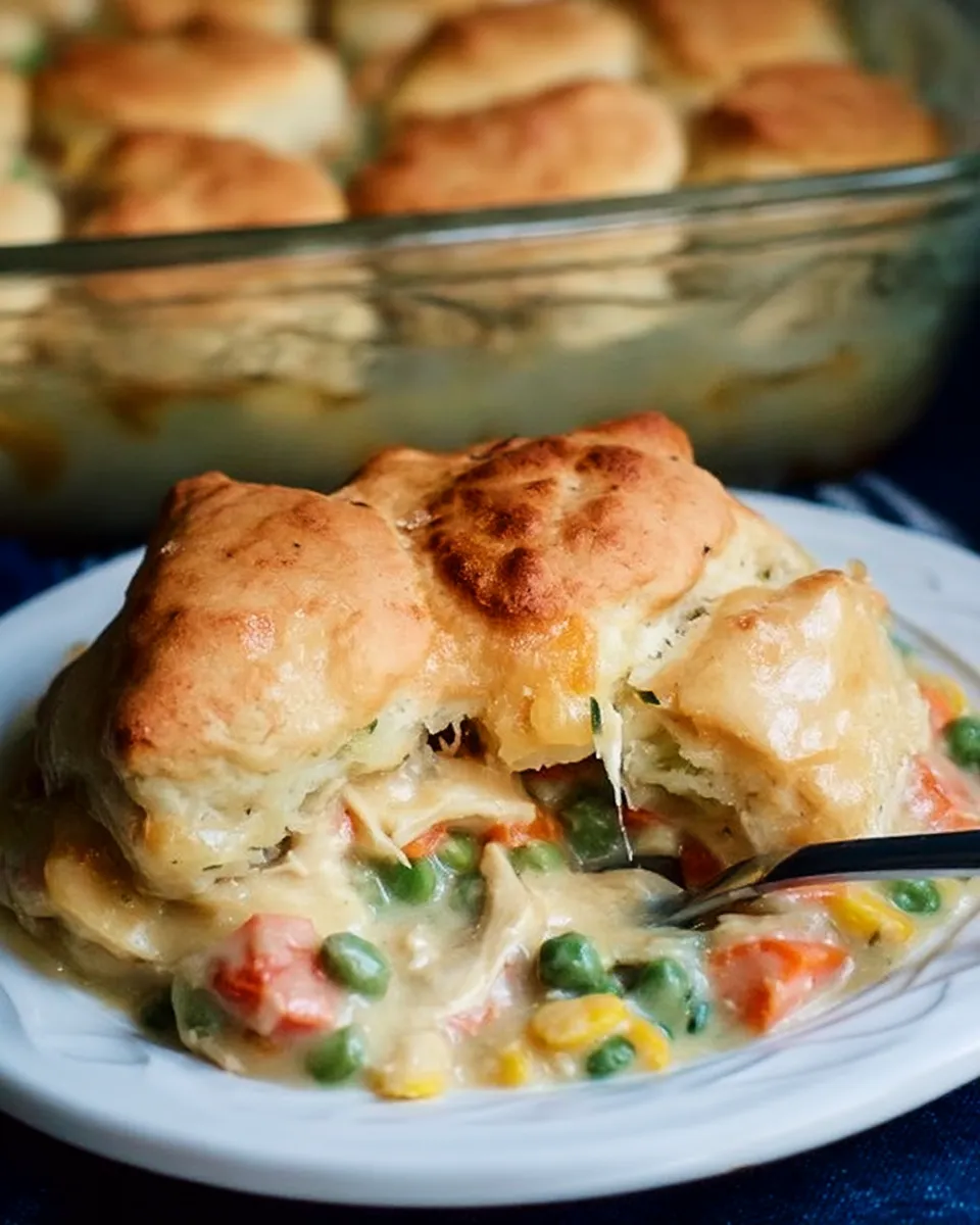 Golden, flaky biscuits atop a creamy chicken pot pie filling with vegetables, ready to be enjoyed.