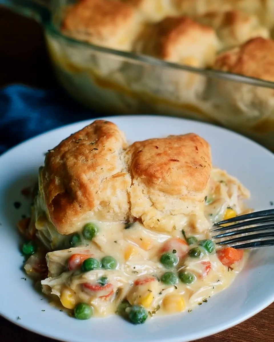 Golden, flaky biscuits atop a creamy chicken pot pie filling with vegetables, ready to be enjoyed.