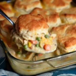 Golden, flaky biscuits atop a creamy chicken pot pie filling with vegetables, ready to be enjoyed.